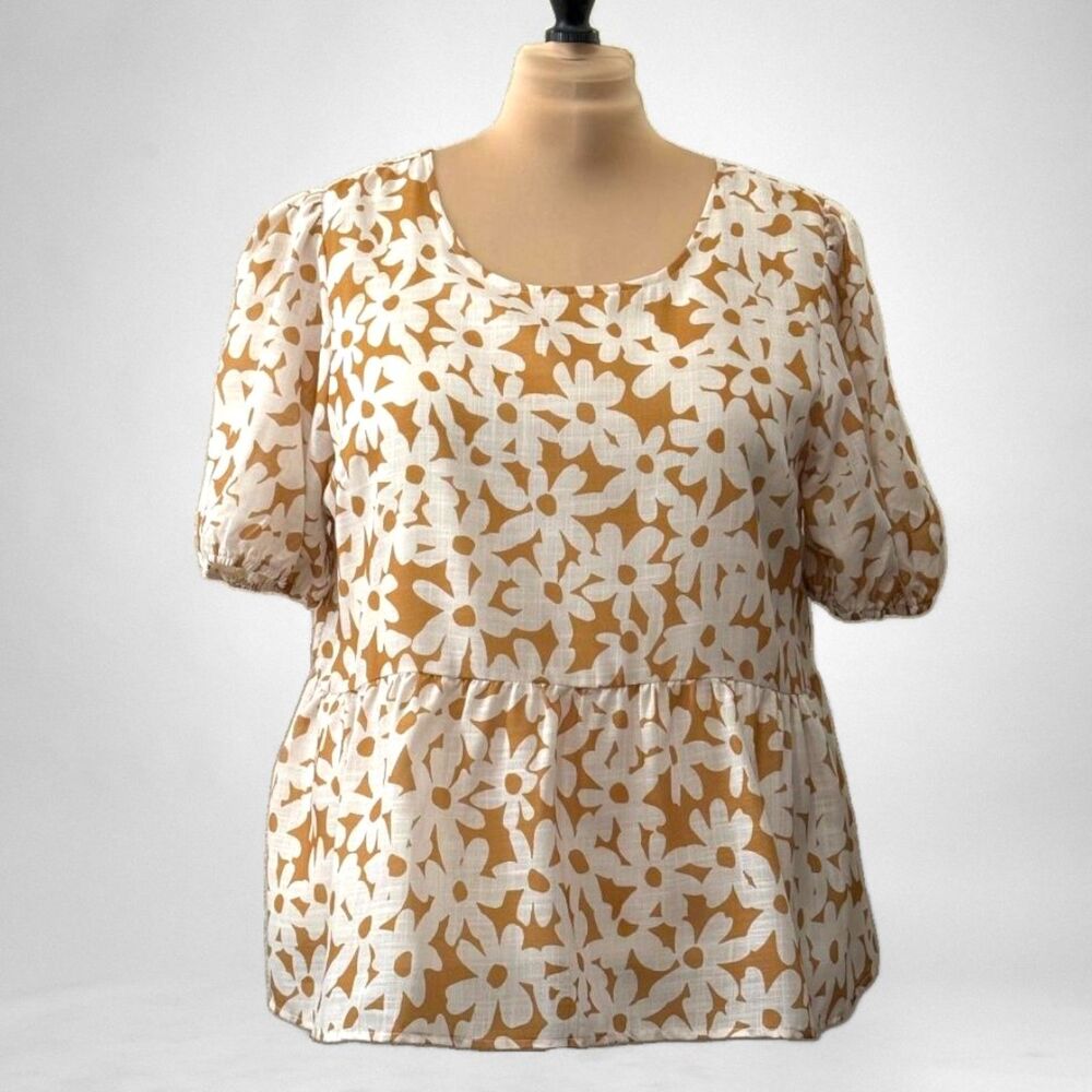 POLAGRAM Puff Sleeve Floral Peplum Blouse, NWT! Size 3XL